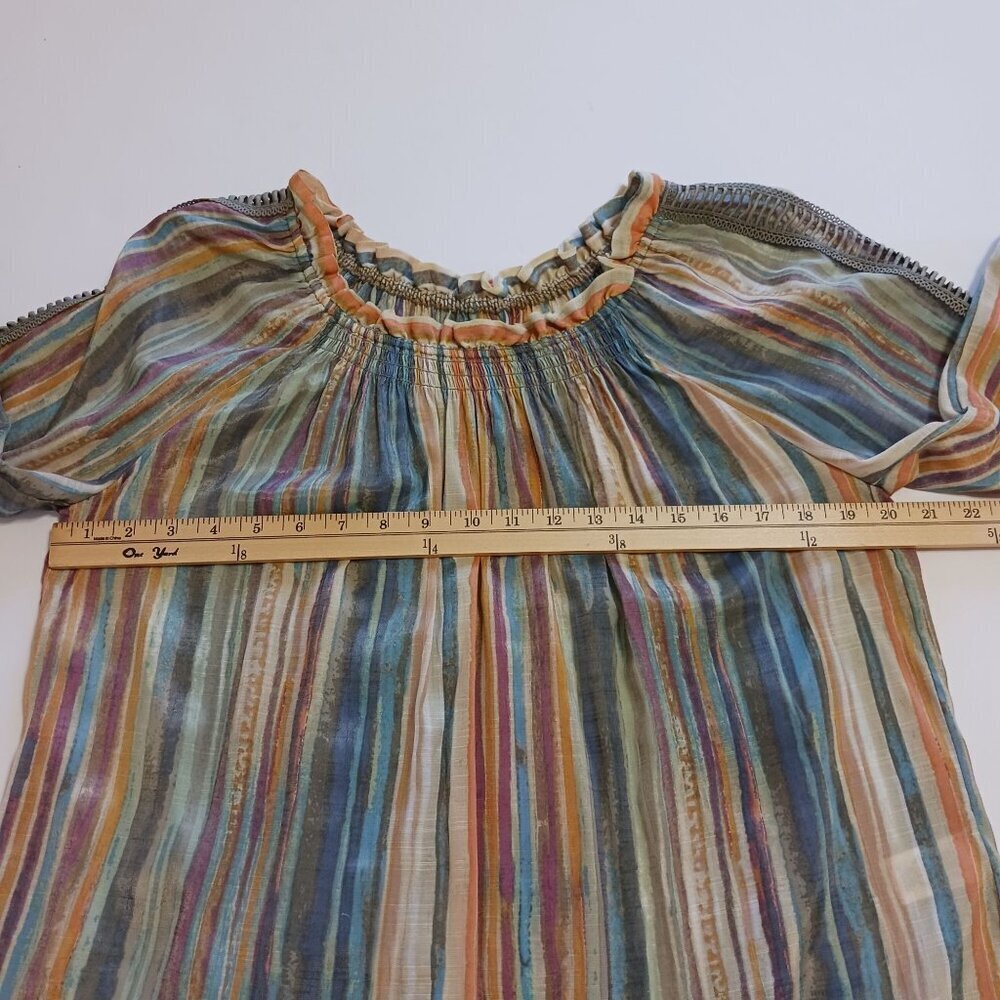 Multicolor Striped Blouse Crochet Trim Size Medium Boho Bohemian Artsy - Picture 7 of 11